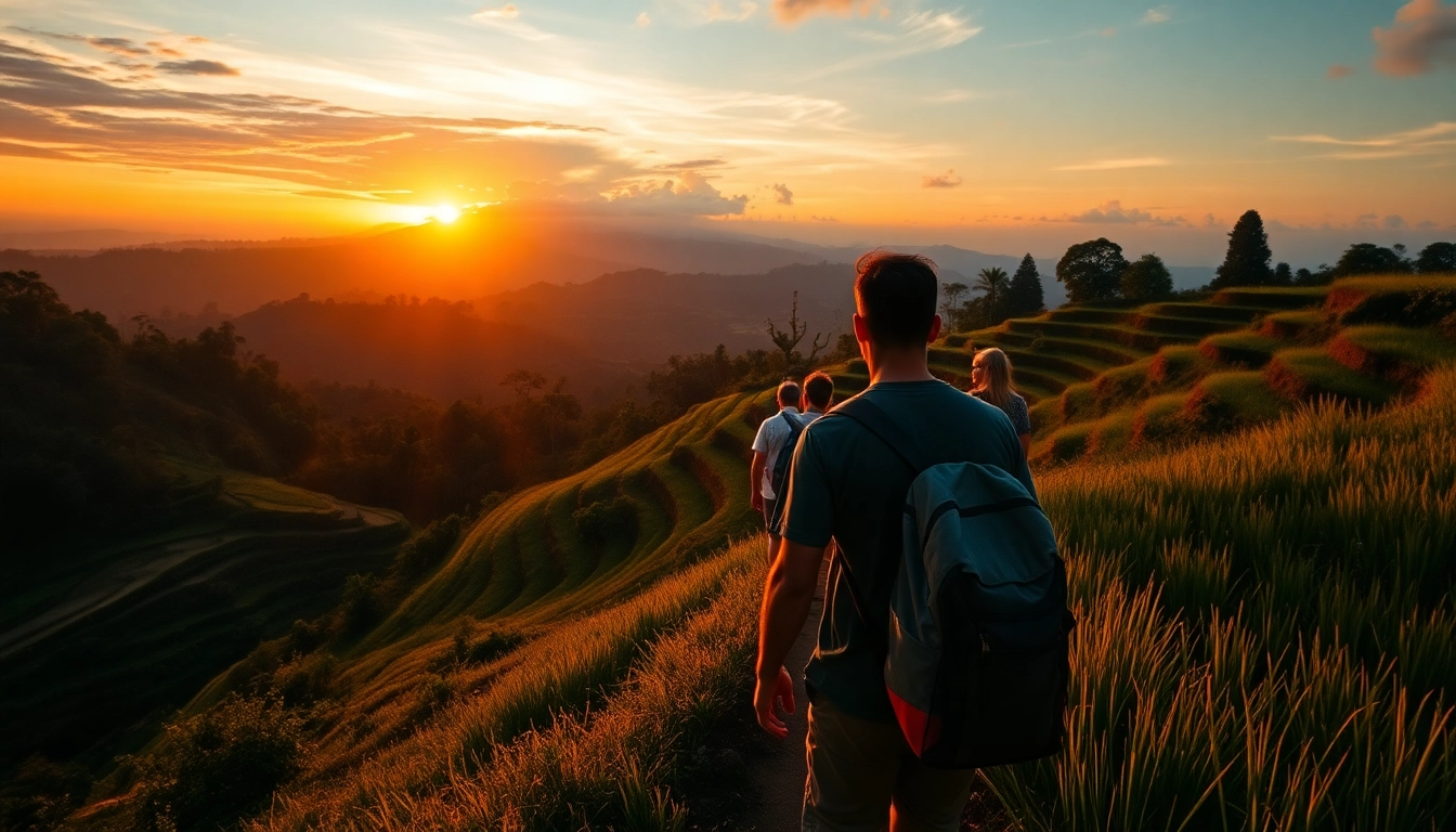 A professional guide leading travelers through Bali's scenic rice terraces in vibrant, natural lighting to showcase local exploration.