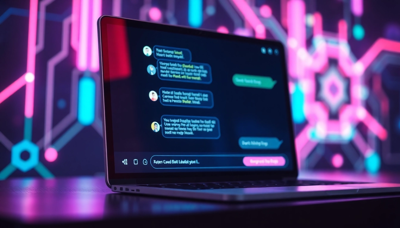 Futuristic AI chatbot interface with glowing chat bubbles on a sleek screen, neon colors, and abstract neural network background.