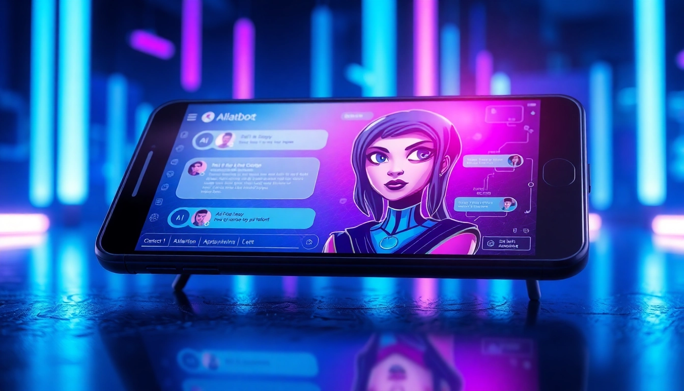 Futuristic AI chatbot interface on a screen with vibrant colors and cyberpunk aesthetic.