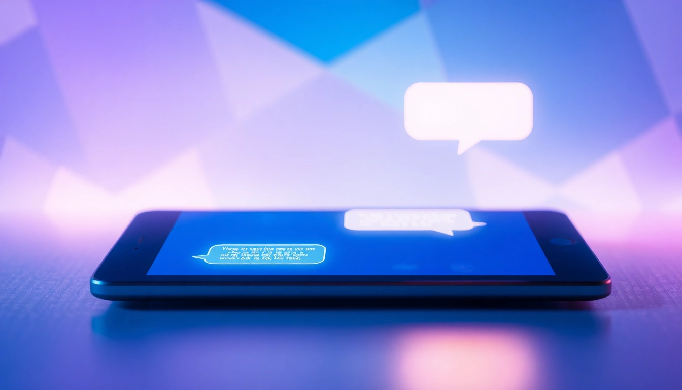 A futuristic chat interface on a tablet with glowing conversation bubbles in a high-tech setting.