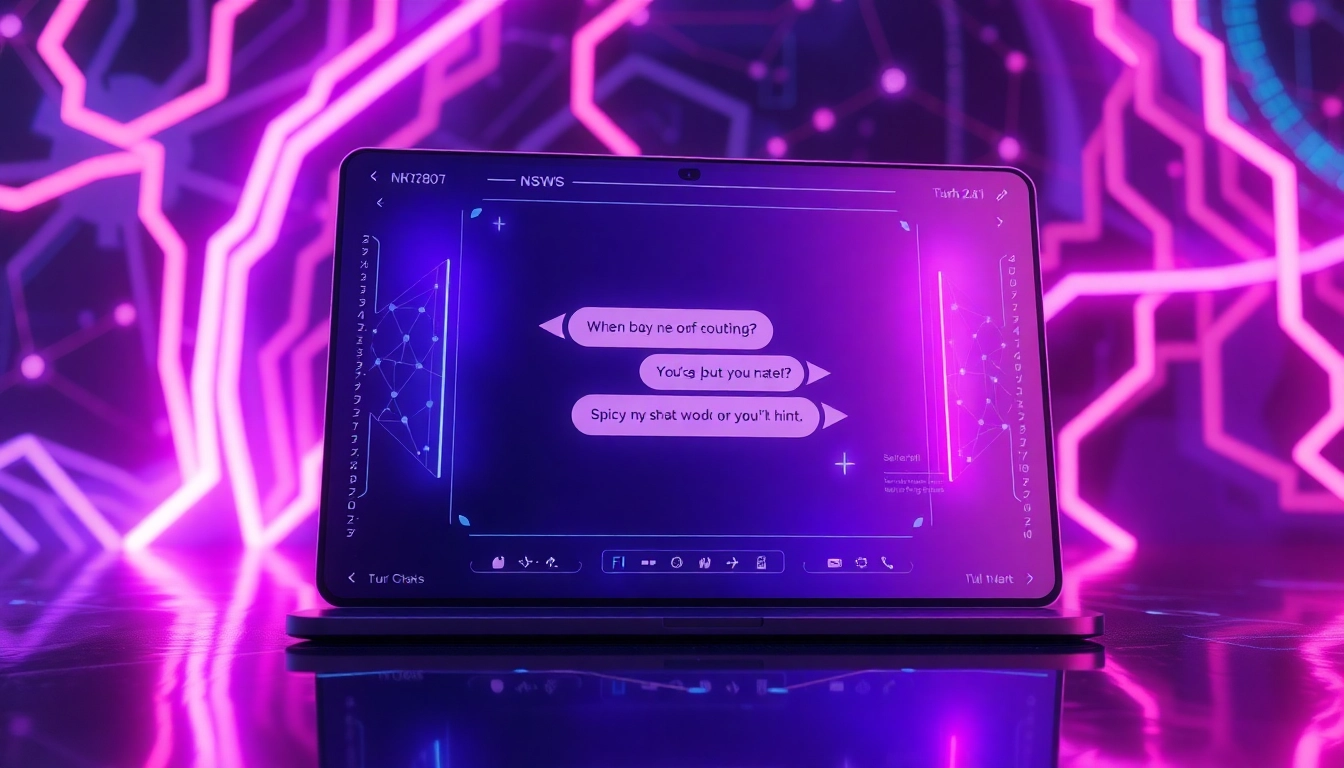 Futuristic AI chatbot interface on a neon-lit digital holographic screen with cybernetic background.
