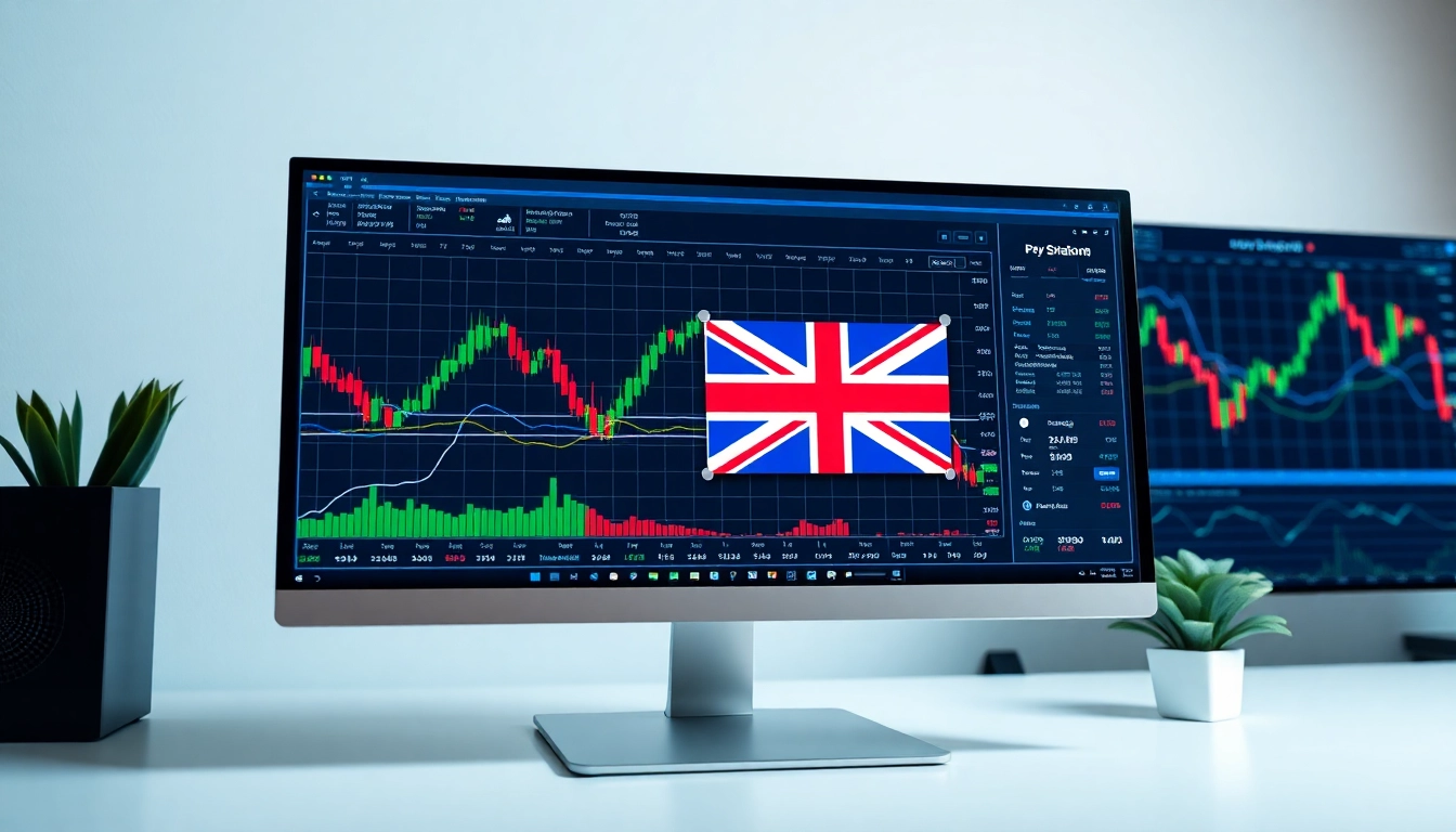 Online Stock Trading UK platform with stock charts and UK flag for financial traders