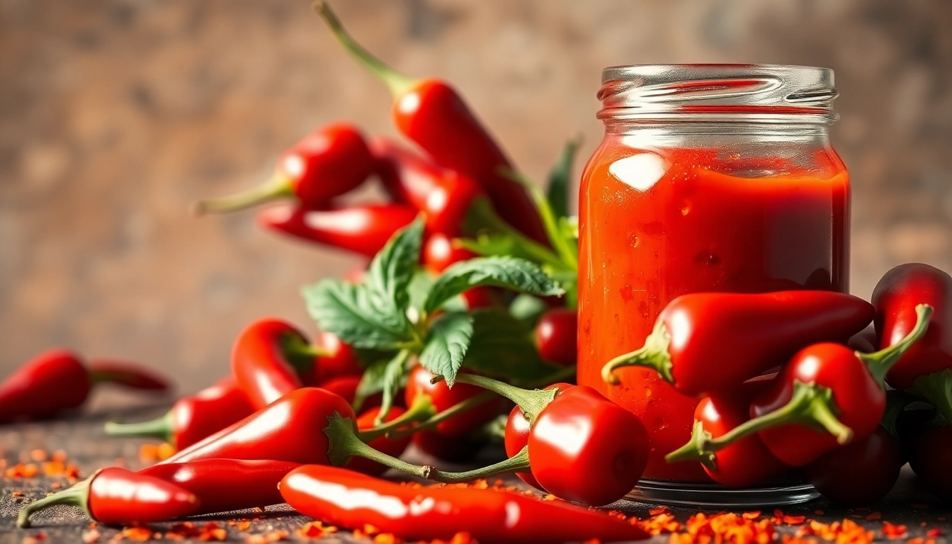 Rich red chili sauce being poured from a spoon showcasing spicy flavor and fresh ingredients
